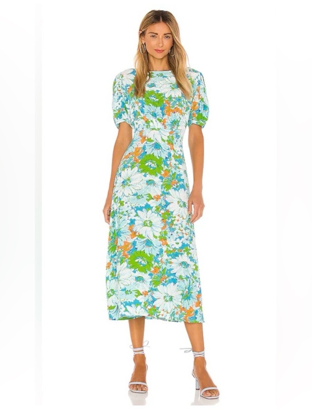 Faithfull the Brand Teal, White & Green Floral Midi Dress